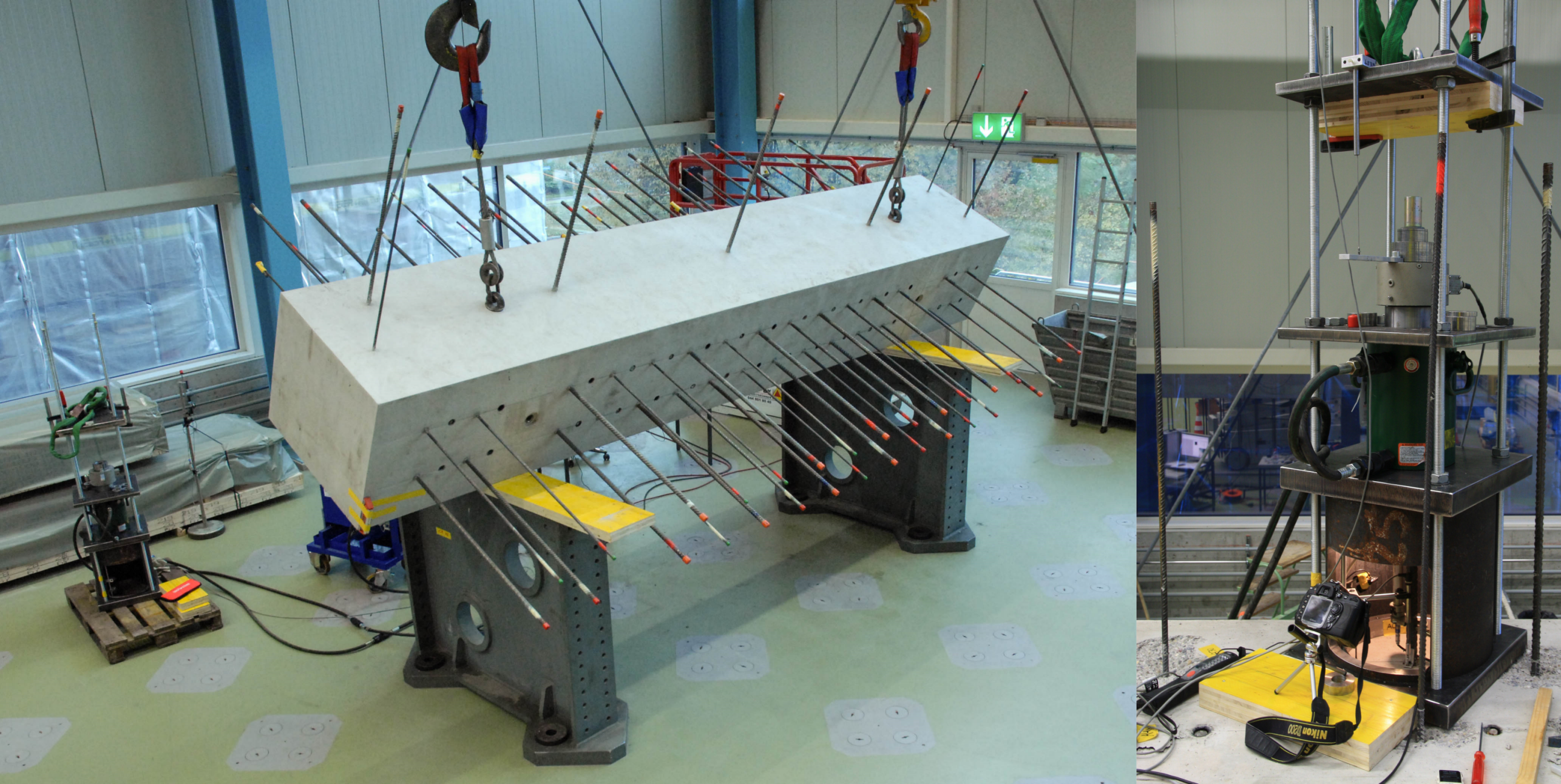 Enlarged view: (left) Test specimen with cast-in rebars with different embedment lengths ; (right) test setup with various measurement equipment.